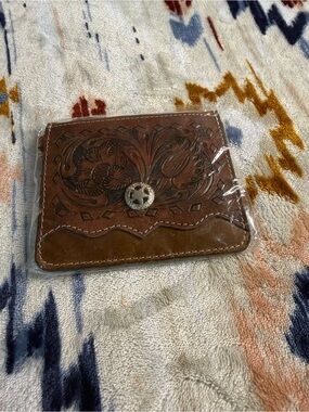 Western Tooled Brown Leather Card Holder with Concho